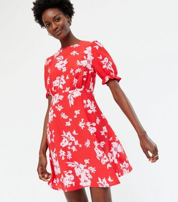 Red Floral Puff Sleeve Open Back Mini ...